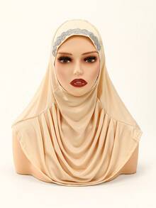 قطعة واحدة غطاء رأس نسائي أحادي اللون، وشاح رأس قابل للطي مريح من البوليستر، وشاح رأس عملي، توبون، خمار طويل فوري، مناسب للارتداء اليومي في جميع الفصول - وشاح رأس مطوي مرصع بأحجار الراين المتلألئة - مشاهدة 20