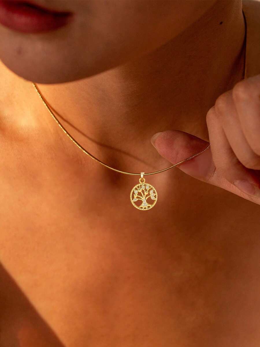 1件装女孩吊坠项链，简约叠戴风格，不锈钢镶嵌立方氧化锆生命之树吊坠项链，百搭日常佩戴及礼品配饰 - 金黃色 - 查看 1