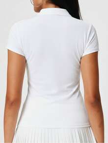 Women's Solid Color V-Neck Casual Sports Polo Shirt, Quick-Dry Running Fitness Short Sleeve T-Shirt, Outdoor Golf Tennis Professional Sportswear - White - View 3