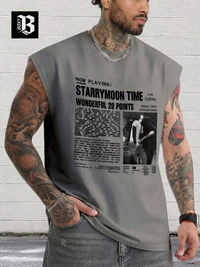 1pc Men's Casual Sleeveless Tank Top, Crew Neck Newspaper Print Sleeveless T-Shirt, Street Fashion Style, Suitable For Daily Wear, Essential For Street Style