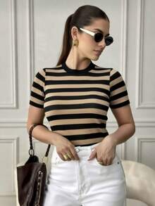 Modal Striped Short Sleeve Blouse With High Quality Elasticity - Beige - View 5