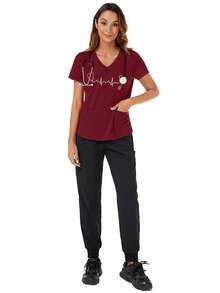 cimmuovere 爱心印花V领短袖T恤，春夏款 - 酒紅色 - 查看 9