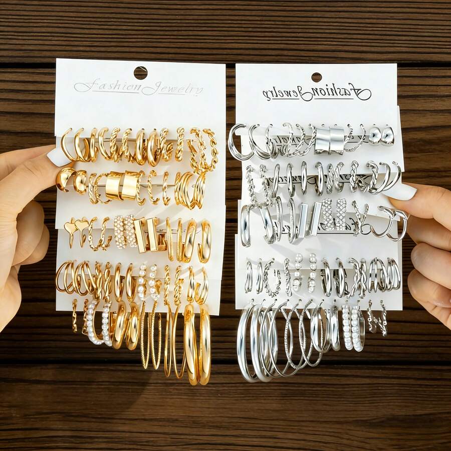 60 Stück/Set Damen C-förmiger Perlen asymmetrischer verdrehter Retro Legierung Ohrringe Set, geeignet für den täglichen Gebrauch, Partys, Hochzeiten, Urlaub, Dates - Verschiedenfarbig - Übersicht 1