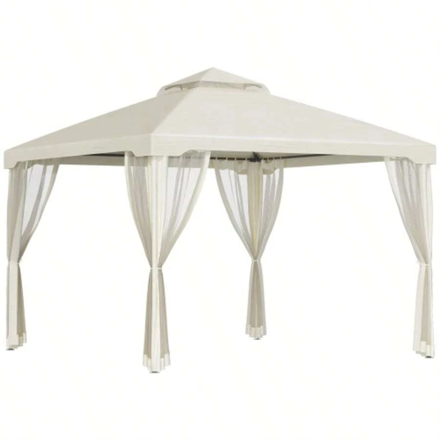 3x3m Garden Pavilion With 4 Side Walls, Weatherproof Garden Tent Made Of Metal And Polyester, Cream White, Ideal For Garden Parties. - A - Xem 1