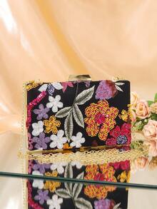 1个时尚迷你黑色晚宴包（图案随机，独一无二），优雅精致的亮片刺绣女士方形手拿包，适合派对、婚礼、舞会等场合。 - 黑色 - 查看 2