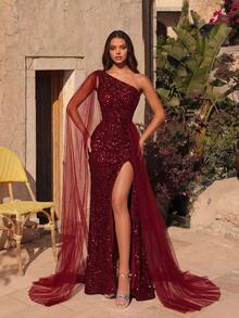 ADYCE 女士长款开衩露肩正式礼服，适合舞会、派对、宴会、盛会等场合，优雅亮片装饰，新年婚纱春季派对礼服 - 酒紅色 - 查看 1