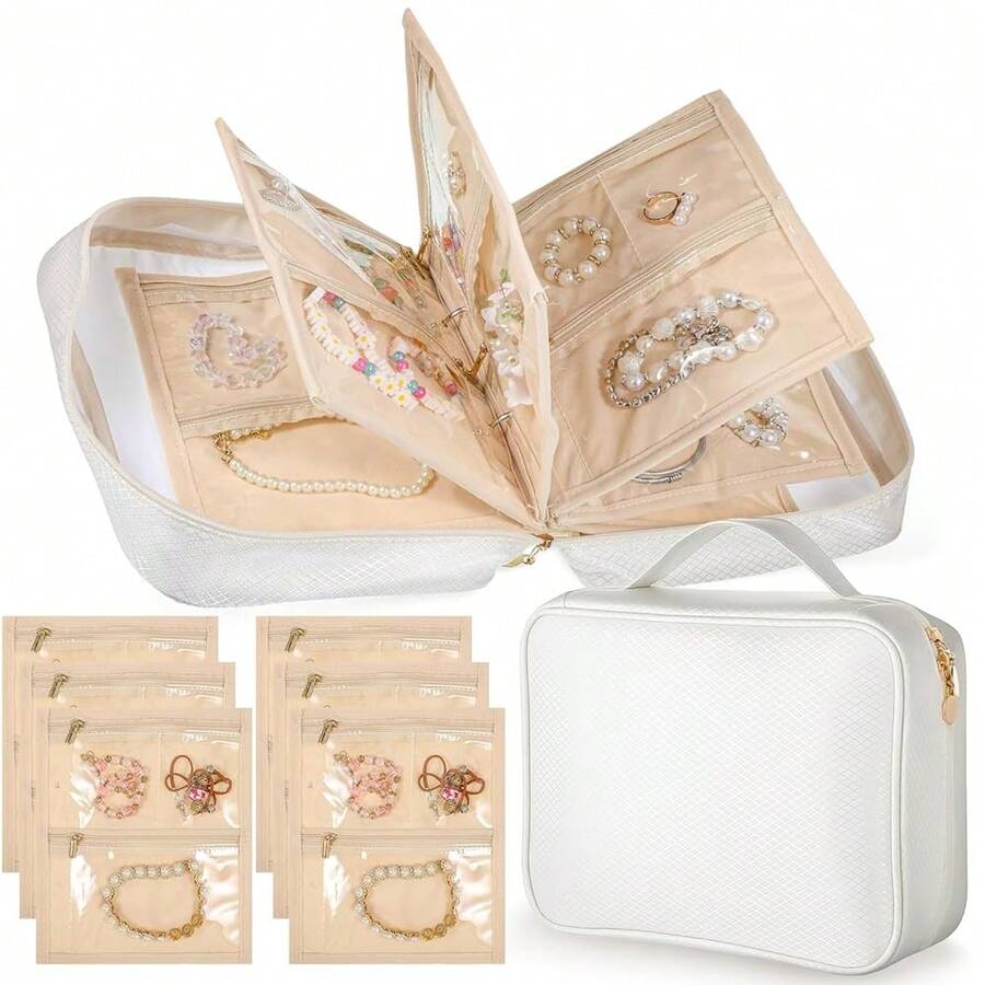 Travel Jewelry Organizer Case, Travel Jewelry Box Jewelrys Storage Book With 6 Plastic Pouches Portable Jewelrys Organizer For Traveling,Earrings, Rings, Necklace, Bracelet-9.8*7.9*3.2 Inch - 米色 - 查看 1
