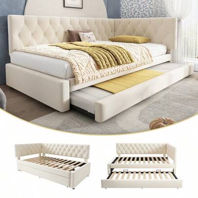 Upholstered Bed Daybed With Pull-Out Bed 3FT Single Sofa Bed 90 X 190 Cm Ottoman Bed Trundle Beds For Adults And Bed With Slatted Frame Velvet Beige No Mattress
