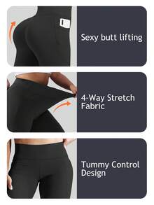 Plus Size High Waist Lift Butt Leggings With Pockets For Women Stretchy Yoga Pants Tummy Control High Elasticity Workout Leggings Suitable For Exercise, Cycling, Fitness Enthusiasts Spring - Black - View 5