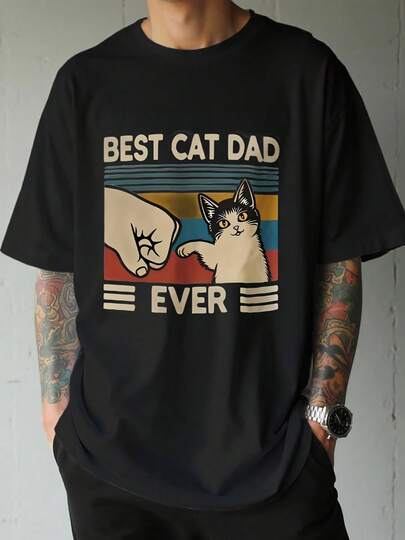 Men's Carnival Costume, Father's Day Gifts, Best Dad Cat Graphic T-Shirt, Casual T-Shirt, Fun Animal Lover Style, Men's Everyday Clothing, Men's Suit, Men's Clothing, Men's Sweater