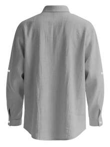 Men's Spring/Summer Linen Stand Collar Long Sleeve Shirt, Button Front Chest Pocket + Roll-Up Sleeve Design, Breathable & Stylish, Suitable For Beach Vacation & Casual Wear. Sizing Tips: Available In XS-XXXL, European Fit Tends To Be Loose, Recommend Sizing Down For A More Fitted Look; Lighter Color Fabrics Are Slightly Sheer, Choose Based On Styling Needs. - 淺灰色 - 查看 4