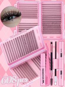 640pcs Eyelash Extension Kit, DIY Eyelash Extension Set (8-16mm), Individual Cluster Lashes D Curl Eyelash Extension Kit With Glue, Sealer And Lash Applicator, Eyelash Set, Eyelash Clusters, Eyelash Glue, Artificial Black Eyeliner Suitable For Daily Use, Party, Travel Or Gift For Family And Friends - 黑色 - 查看 5