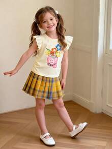 2pcs Girls Floral Print Vest Top And Plaid Elastic Waist Pleated Skirt Set, Showcasing Sweet And Collegiate Style, Suitable For Spring/Summer Outdoor Activities - Yellow - View 3