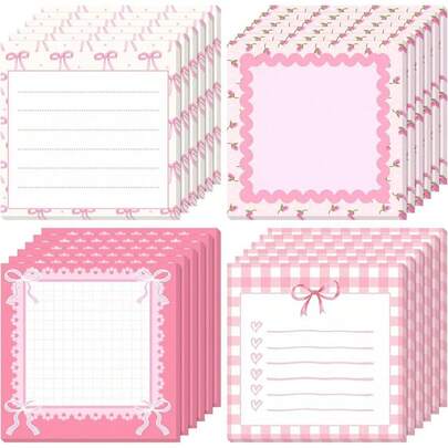 4 Sheets Of Cute Bow-Shaped Sticky Notes, In Pink Color, With Cute Bow Patterns. They Can Be Used As Notepads, Memo Books, Christmas Notes, Desk Accessories, Or Fun Sticky Notes.