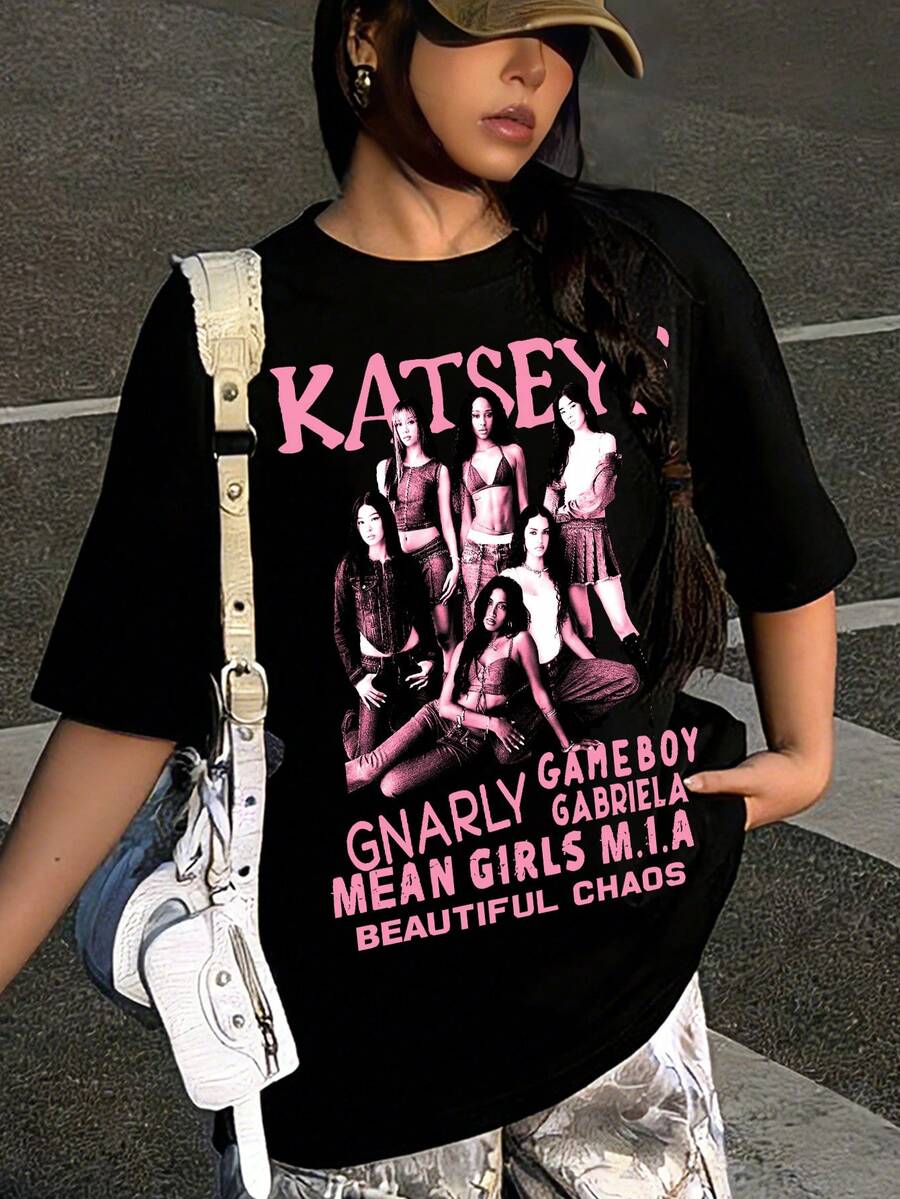Spring And Autumn Round Neck Short Sleeves For Girls - KATSEYE Members - Printed Pattern Design Round Neck T-Shirt, Pattern T-Shirt Pullover, Girls' Top, 180g Polyester Soft Fabric, Suitable For Giving Gifts To Children For Back To School, Parties, Outdoors, Travel Wear - 黑色 - 查看 1
