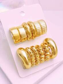 6对装女士金色圈形耳环套装，厚C形不对称圆形纹理耳环套装 - 金色 - 查看 3