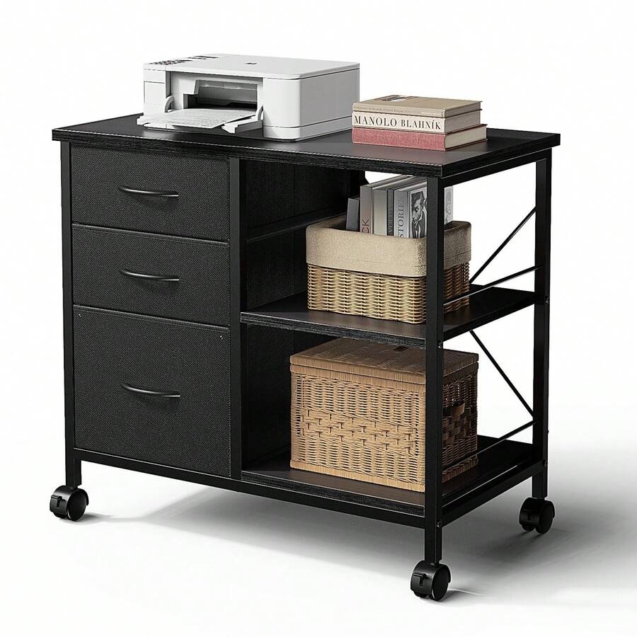 3 Drawer File Cabinet With Wheels Rolling Printer Stand With Open Storage Shelf Fabric Lateral Filing Cabinet For Home Office - B/Black - View 1