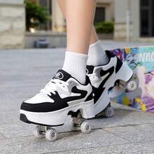 1双街头风四轮直排轮滑鞋，PU轮滑鞋，可伸缩系带轮滑鞋，适合青少年和成人 - 黑與白 - 查看 3