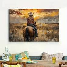 1pc Wrapped Canvas Wall Art - Cowboy Girl Sunset Western Landscape With Vibrant Colors, Rustic Home Decor Living Room, Bedroom, Office - Unique Men, Western Home Decor, Bedroom Artwork, Detailed Imagery, 2D Flat - 1 - View 4