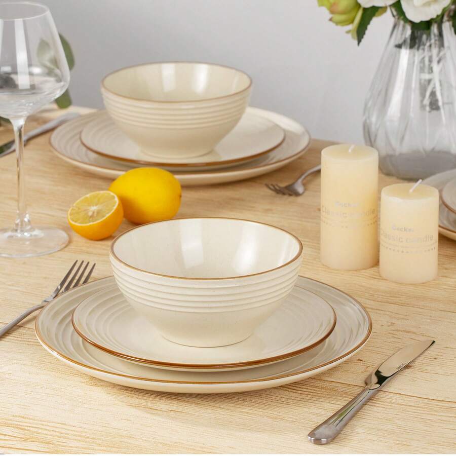 Richmount 12 Pieces Dinnerware Set, Plates And Bowls Sets For 4, Including Dinner Plates, Salad Plates And Cereal Bowls, Dishwasher And Microwave Friendly - màu trắng vani - Xem 1