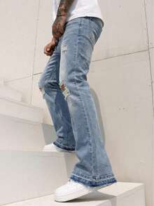 男士浅蓝色水洗牛仔裤，靛蓝色水洗，浅蓝色，靴型裤，喇叭裤腿，修身版型，弹力面料，紧身喇叭裤，街头风，做旧，破洞，嘻哈风，舒适弹力，优质面料，堆叠式裤脚 - 藍色 - 查看 2