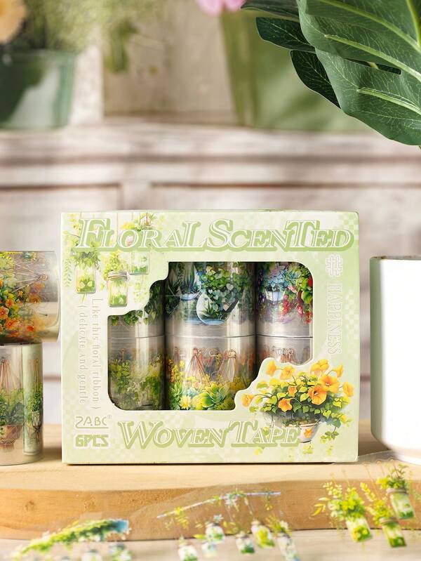 一套6卷花卉图案胶带，防水PET装饰胶带，适用于剪贴簿、日记本和工艺品背景装饰，可作为礼物送给朋友，也可用于手账和拼贴画装饰。