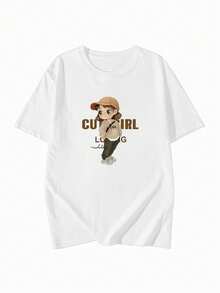 女士圆领宽松休闲英文文字图案T恤，适合春夏穿着 - 白色 - 查看 4