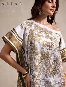 Aliao 高端露肩日落假日印花蝙蝠袖上衣，吸睛单品，新年、情人节、优雅女士、海滩装、感恩节装、毕业季、返校季、节日装扮 - 彩色 - 查看 1