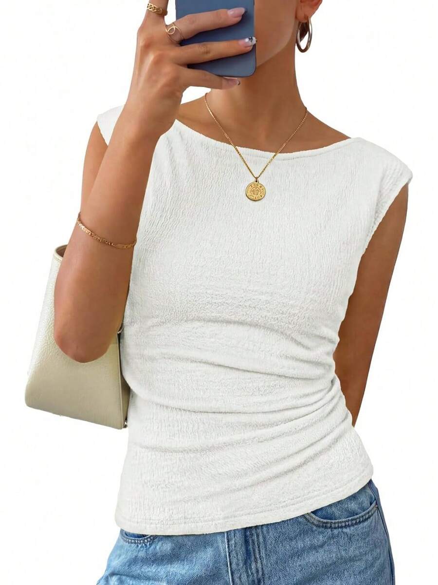 Women's Summer Ruched Top 2026 Cap Sleeve Boat Neck Spring Tops Going Out Tee Shirts Fashion - trắng - Xem 1