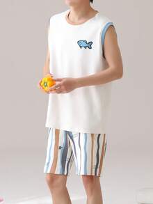 AICJ 2pcs Men Solid Color Casual Loose Basic Crew Neck Vest Top And Striped Shorts Pajama Set, Suitable For Spring And Summer Loungewear - Multicolor - View 4