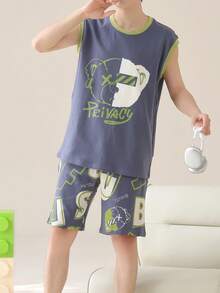 [AICJ Sleepwear]2pcs Men's Solid Color Casual Loose Basic Crew Neck Vest Top And Shorts Pajama Set, Suitable For Spring And Summer Loungewear - Navy Blue - View 4