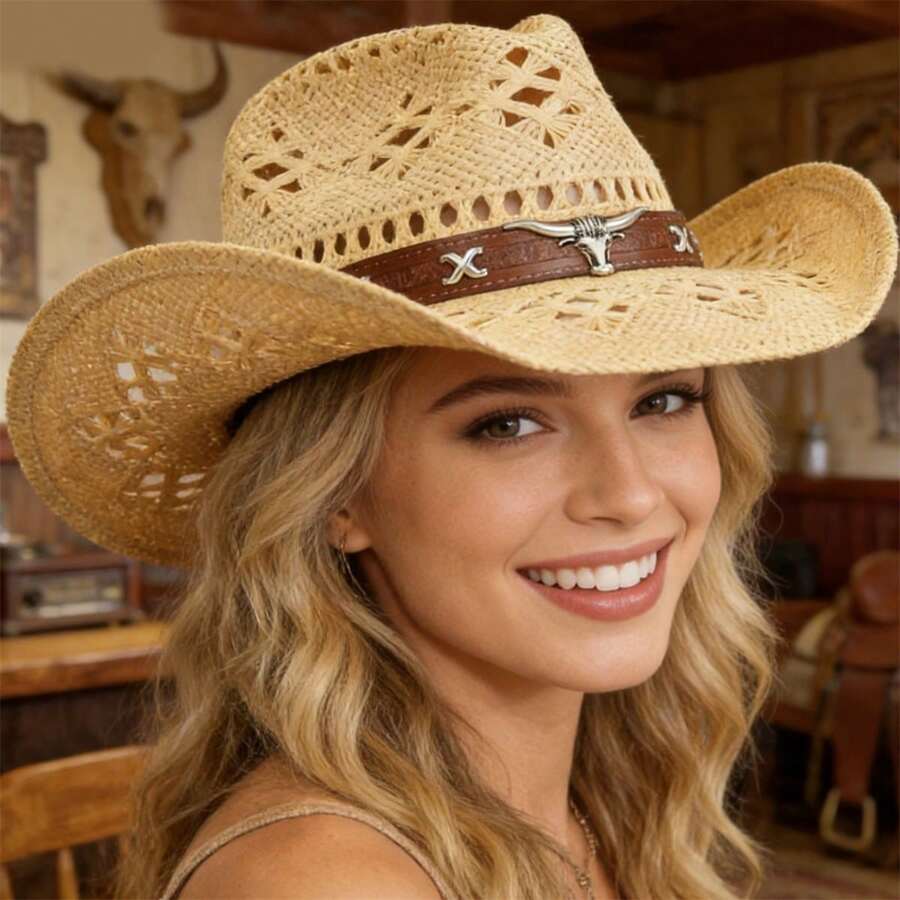 Women Straw Cowgirl Hat Hollow Out Wide Brim Western Panama Jazz Hat Summer Sun Hat For Travel - Màu Khaki - Xem 1
