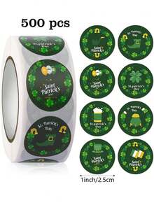500pcs Clover Wreath Doodle Stickers, 1 Inch Round, 8 Designs, Green Minimalist Labels, Suitable For Celebrations, St. Patrick's Day, Rewards, Cards, Envelopes, Scrapbooking, PVC Adhesive Decals - 500 Clover Wreath Stickers - View 1