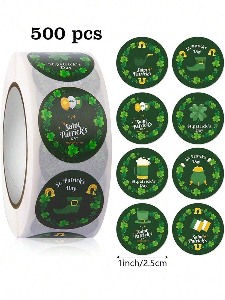 500pcs Clover Wreath Doodle Stickers, 1 Inch Round, 8 Designs, Green Minimalist Labels, Suitable For Celebrations, St. Patrick's Day, Rewards, Cards, Envelopes, Scrapbooking, PVC Adhesive Decals - 500 Clover Wreath Stickers - View 1