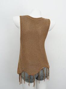 优雅女士无袖圆领针织上衣，饰有闪亮装饰和流苏下摆 - 金色 - 查看 2