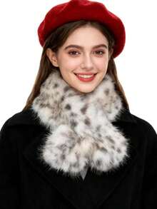 1/2 piezas Conjunto de gorro y bufanda con estampado de leopardo estilo europeo y americano, gorro cubo esponjoso y calentador de cuello aislado de moda - Multicolor - Ver 4