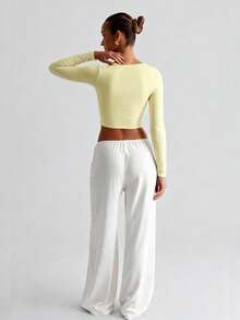 XLLAIS Áo croptop tay dài cổ chữ V gợi cảm, chất liệu vải yoga co giãn cao cấp hai lớp, thích hợp mặc mùa xuân. - Màu vàng - Xem 7