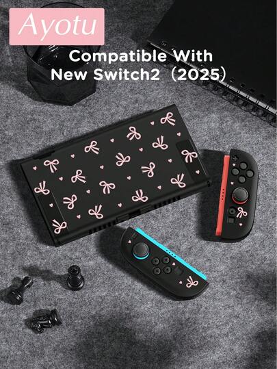 Ayotu Bow & Heart Theme Protective Case For Switch,Compatible New Switch2(2025)/Switch NS/Switch OLED,Can Be Installed In The Dock Without Removing The Protective Case,Universal Gamepad Protective Cover, Switch Gaming Accessories, Anti-Drop, Scratch-Resistant, Fall/Winter Romance/Back To School Gifts/Christmas Gifts/Valentine's Day Gifts