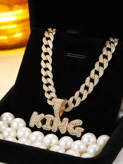 1pc European & American Style Men's Full Rhinestone Letter "KING" Pendant Necklace, Personalized Hip-Hop Accessory, Versatile & Suitable For Daily Wear
