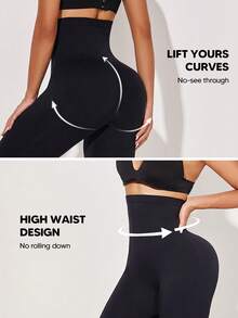 High Waist Seamless Shaping Tummy Control Slimming Leggings - Black - View 5