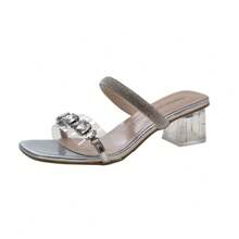 Sandalias de tacón alto con punta cuadrada - Moda veraniega con tacón transparente ancho y strass - Chanclas de vestir elegantes en diseño de una tira, el toque sofisticado para tu look casual, Sandalias de tacón para mujer - Plateado - Ver 5