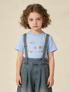 Balabala Girls' Short Sleeve T-Shirt, Round Neck, Breathable Quick-Dry Fabric, Soft And Comfortable, Suitable For Summer Wear - Light Blue - View 2