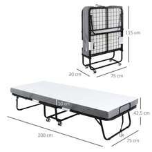 Guest Bed, Folding Bed With Wheels, Steel And Foam, White And Black, 200x75x42.5cm - White - View 3