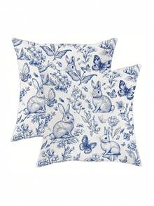 1/2/4pcs Blue Easter Decoration Bunny Rabbit Floral Plant Throw Pillow Covers | Cute Funny Cosy Soft Decorative Pillowcases With One-Sided Printing, Polyester, Machine Washable, Contemporary Style For Spring Living Room Bedroom Sofa Bed Decor Without - Blue - View 1