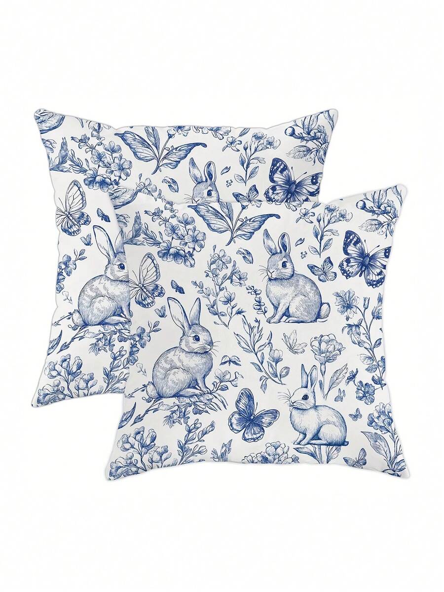 1/2/4pcs Blue Easter Decoration Bunny Rabbit Floral Plant Throw Pillow Covers | Cute Funny Cosy Soft Decorative Pillowcases With One-Sided Printing, Polyester, Machine Washable, Contemporary Style For Spring Living Room Bedroom Sofa Bed Decor Without - Blue - View 1