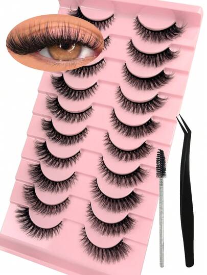 10对自然蓬松的仿真假睫毛，配有镊子和睫毛刷，柔软细腻，可延长外眼角，打造美丽逼真的睫毛效果，浓密可重复使用，适合初学者，附赠镊子和睫毛刷。