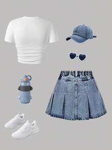 少女卡通印花短袖上衣和牛仔裙套装 - 白色 - 查看 3