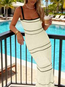 Women's Elegant Soft Minimalist Black & White Striped Sleeveless Fitted Maxi Knit Dress, Casual Beach Hollow Out Bodycon Mid-Length Crochet Swimsuit Cover Up, Spring/Summer/Autumn - Light Yellow - View 2