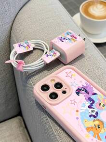 Hasbro offiziell lizenzierte 5-in-1 rosa Cartoon-Themen Handyhülle Set - beinhaltet Handyhülle, Ladegerät Kopfabdeckung, Kabel Schutz, Kabel Aufbewahrung, kompatibel mit iPhone 6-13 Pro Max, tolles Geschenk für Freundin, Tochter, Teenager - Pink - Übersicht 3