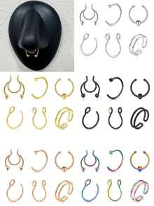 6Pcs/Set Fake Nose Piercing Jewelry, Fake Nose Rings Fake Septum Ring Stainless Steel No Piercing Hoop Fashion Nose Clip Jewelry - Fake Nose Rings - View 1